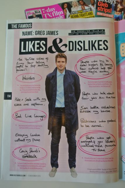 Heat magazine likes and dislikes Greg James