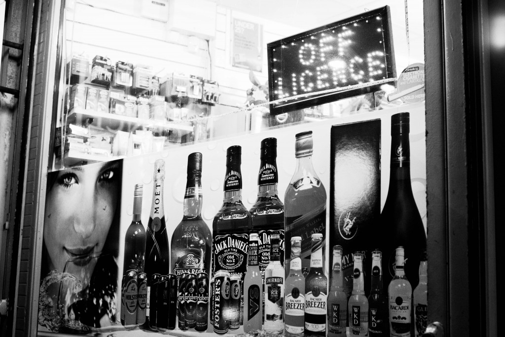 Black and white photograph of a shop window